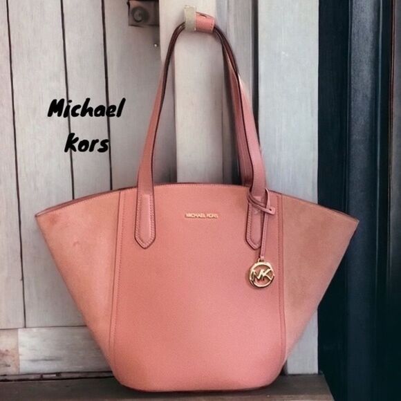 MICHAEL KORS NWT PORTIA SUNSET ROSE PINK LARGE LEATHER TOTE BUCKET SHOULDER BAG